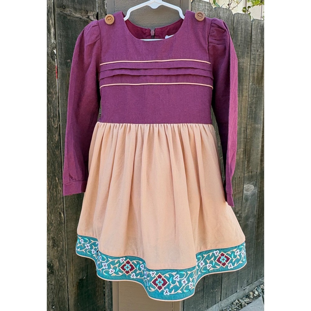 Eve's Closet Girls Size 4 Burgundy Tan Embroidered Dress Long Sleeve Boho